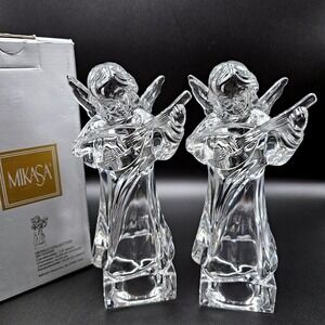 Mikasa Herald Collection Crystal Angel Candle Holders Set 2 Cherub Candlesticks